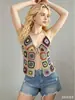 Estilo bohemio hecho a mano de ganchillo con bloques de color, camisola de verano, cárdigan hueco estilo cárdigan, top para vacaciones en la playa
