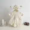 Bolsa de Malha de Verão para Bebê Roupas de Fazer Cocô Macacão de Princesa com Renda para Menina com Faixa de Cabelo