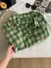 Camisa a Cuadros Cepillada Verde Hierba Blanqueadora Retro para Mujer Corte Holgado Otoño/Invierno Algodón Puro Estilo Artístico Cardigan con Solapa