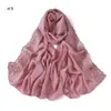 Lenço Longo Versátil de Cor Sólida com Renda Bordada Flor Trompete Pérola Chiffon Leve Respirável Lenço de Cabeça Xale de Chiffon