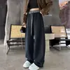 Pantalones casuales de pierna ancha de cintura alta para moda de otoño, pantalones deportivos simples y versátiles, pantalones de chándal estilo americano con bloques de color, cordón, patchwork y pierna curva