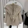 2025 Novo Outono e Inverno Gola Azul Silhueta Lã Dupla Face Peça de Exterior Peça de Exterior com Pele de Raposa Genuína Feminina Comprimento Médio Tendência