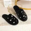 Zapatillas de Felpa de Algodón Estilo Xiao Xiang Lindas para Mujer Invierno Perforación Caliente Hogar Cálido Hogar Interior Lazo Diamante de Imitación Lana Zapatillas