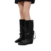 Versión de piel de vaca~ Debajo de la rodilla altura interior que aumenta punta cuadrada se ve estilizado cubre la carne botas de jinete mujer piel genuina con cordones fruncidas arrugadas botas de moda