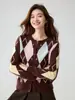 Cárdigan de Cachemira para Mujer 2026 Otoño Estilo Francés-Británico Bloque de Color Patrón de Diamantes Tejido Jacquard Abrigo Cárdigan Suéter