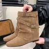 Botas de Pierna de Pantalón Estilo Retro de Piel Genuina Hebilla Maillard Chica Popular Botines Cuadrados para Mujer Botines Arrugados Apilados Botas de Monta