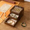 Caja de Joyería Pequeña de Tres Niveles con Veta de Madera de Nogal, Antioxidación, de Alta Gama y Exquisita, Caja de Almacenamiento Especial para Anillos, Pulseras, Collares y Aretes