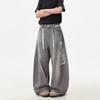 Jeans Largo Cinza Lavado Tinta Splash Retrô Americano para Mulheres Vibe High Street Desgastado Solto Casual Calças Scimitar