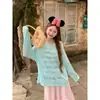 Camiseta de Manga Larga Color Verde Menta Dopamina de Verano para Mujer, Ropa Exterior Holgada, Estilo Perezoso, Delgada, Ligeramente Transparente, Blusa Top con Protección Solar