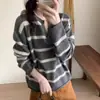 Suéter Feminino Listrado Outono e Inverno 100% Lã Pura Gola V Meio Aberta Solto Moda Suéter de Malha de Lã Camiseta Básica