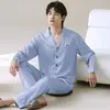Conjunto de pijama masculino estilo coreano para primavera e outono, seda gelada, lapela, cardigã de manga longa, seda sintética de luxo leve, modelagem solta para casa