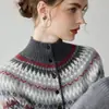 Suéter de cachemira para mujer de cuello medio, jersey grueso de doble hebra con mangas largas, nuevo estilo de otoño e invierno con diseño jacquard Fair Isle