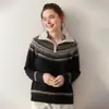 Suéter de Caxemira com Gola Jacquard Pesada para Mulheres no Outono e Inverno Aconchegante Solto Peça Externa Suéter Fair Isle Suéter de Caxemira Contrastante