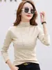 Camiseta Base de Cuello Medio Alto para Mujer 2026 Nuevo Cepillada Cuello Medio Ajustado Manga Larga Rayada Otoño/Invierno Ropa Interior Top Negro