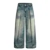 G6882 High Street Americana Masculino e Feminino High-End Retro Padrão Bigode Design Pregueado Jeans Casual de Perna Larga Masculino
