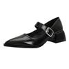 Sapatos Pointy Franceses Femininos 2025 Primavera Novos Elegantes Pretos Salto Grosso com Mary Jane Simples Versátil Sapato de Camada Única