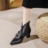 Botines Retro de Tacón Grueso con Boca en V 2025 Otoño e Invierno Nuevo Estilo Piel Genuina Pelo de Caballo Punta Fina Hebilla Cuadrada con Pedrería Botines Cortos Franceses
