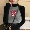 Gola Alta Meia Manga Estilo Coreano Novo Veludo Alemão Camiseta Básica Outono e Inverno Cinza Ombro Direito Slim Fit Manga Raglan Feminina Manga Longa