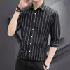 Camisa de Moda Otoñal para Hombre, Versátil, de Rayas Verticales, Manga Tres Cuartos, Juvenil, de Negocios, Corte Entallado, Cómoda