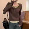Camiseta de Manga Larga Rayón Falso Dos Piezas para Mujer Ropa Interior Adelgazante Aspecto Sexy Camiseta Corta Base Transfronteriza Wholesale Otoño e Invierno