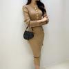 Ropa de mujer de comercio exterior 2023 estilo coreano otoño e invierno nuevo cuello redondo manga larga bolsillo con cordones color contraste vestido de punto bolso de mujer