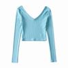 Camiseta sexy de ombro com manga comprida pura desejo outono feminino nova gola V cor sólida camisa engarrafada top feminino maré feminino