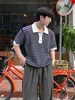 Camisa Polo de Verano para Hombre Myq con Rayas Contrastantes, Tejida, Manga Corta, Holgada, Media Manga, Diseño Coreano, Top de Nicho