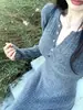 Vestido de Punto Gris con Cuello en V para Otoño e Invierno para Mujer, Adecuado para Usar Debajo de un Abrigo, Ceñido a la Cintura, Adelgazante, Suéter Básico, Vestido Largo Ajustado al Cuerpo