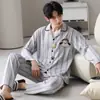 Algodão PuroPijama Masculino de Manga Longa com Gola Reversível, Conjunto de Pijama Listrado Outono para Jovens com Desenho Animado, Corte Amplo