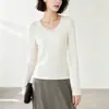 26 Outono Novo [Camada Base Versátil] Gola Redonda Grande Slim Fit Malha Elástica Cor Sólida Manga Longa Camiseta para Mulheres 32070