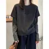 T-shirt de manga comprida em fleece alemão para mulheres, color block, que valoriza os ombros, com visual de duas peças, top moderno e estiloso, camada base espessa escovada para o outono