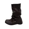 Botas baixas quadradas retrô versáteis marrons para mulheres, novo estilo verão 2026, adequadas para combinar com saias, botas western plissadas empilhadas