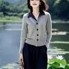 Ponto de Venda Produtos Europeus Balcão Liquidação Quente Cor de Outono Color Blocking Gola Lapela Tricô Top Calça Cropped Cintura Elástica Conjunto para Mulheres