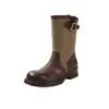 Botas Martin Color Block de Couro Bovino de Primeira Camada + Tecido para Mulheres, Botas de Cano Médio para Outono e Inverno, Botas Individuais de Bico Redondo com Fivela e Detalhes em Splicing de Salto Baixo para Mulheres