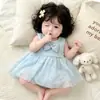 Macacão Vestido de Verão Novo Doce Sem Mangas Super Fofo para Meninas com Alças Largas e Macramê Vestido Macacão Princesa