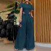 Traje de calça pantalona larga solta de cor sólida oca com zíper na cintura e botão de furo simples, moda europeia e americana para o verão