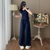 Conjunto de Moda Coreana Estiloso e Quente para Mulheres 2026, Conjunto de Duas Peças com Top Azul Sem Mangas e Calça de Pernas Largas, Jovem e na Moda