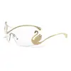 Gafas de sol de una sola pieza sin montura con borde metálico de cisne pequeño, Gafas de sol de moda callejera personalizadas para mujer, Gafas transfronterizas europeas y americanas de alta gama