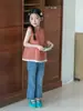 Camiseta sin mangas de algodón transpirable Aimo Beibei para niños, chaleco de cuadros con encaje de color contrastante para niñas, top de encaje