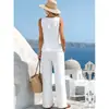 2026 Nuevo Conjunto Cruzado Europeo y Americano para Mujer en Amazon, Casual, de Algodón y Lino, Chaleco sin Mangas y Pantalones, Cuello Redondo, Color Sólido, Moderno