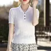 Estilo nuevo de verano algodón puro cuello camisero casual manga corta tejido calado moda torsión delgado corte ajustado camiseta top para mujer