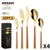 Conjunto de talheres de aço inoxidável Amazon 430 para uso transfronteiriço, 20 peças, faca, garfo e colher, cabo de imitação de madeira, talheres ocidentais, faca de bife, garfo e colher