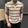 Polo de Manga Corta a Rayas de Verano de Alta Gama para Hombre, Camiseta Versátil de Moda de Corte Slim con Cuello Vuelto, Camiseta Casual Elegante de Negocios a la Moda