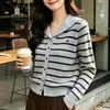 Cardigan com gola marinha feminino outono e inverno novo estilo universitário lapela cor contrastante casual temperamento listrado malha manga longa cardigan feminino
