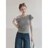 Camiseta de Manga Corta con Hombro Descubierto y Lazo Estilo Coreano Gris para Mujer Verano Plisada Adelgazante Cropped
