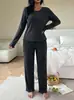 Conjunto de Pijama de Dos Piezas para Mujer, Color Sólido Otoño/Invierno, con Lazo, Manga Larga y Pantalón Largo, Transfronterizo Europeo y Americano, 2026