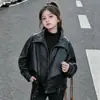 Nueva colección de otoño para niñas: Chaqueta de cuero casual, oversized y elegante con un cuello grande, adecuada para primavera y otoño, hecha de cuero PU, perfecta para usar al aire libre y protección contra el viento, y diseñada en estilo biker.