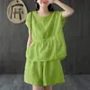 Verão 2023 Transfronteiriço Novo Algodão e Linho Cor Pura Moda Conjunto Elegante Casual Slim Manga Curta Cintura Alta Conjunto de Duas Peças