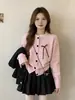 Cárdigan de punto casual estilo coreano con diseño de patchwork de encaje para mujer, nuevo suéter top ajustado con corbatín para otoño e invierno