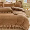 Juego de Cama de Encaje y Terciopelo de Leche con Faldón de Cama Cuatro Piezas Invierno Cálido Juego de Sábana Polar de Doble Cara Sábana Ajustada Juego de Polar Espesado Venta al por Mayor